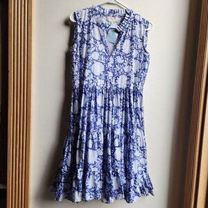 NWT Market Co. Blue/White Sleeveless Floral Ruffle Midi Dress Size Medium